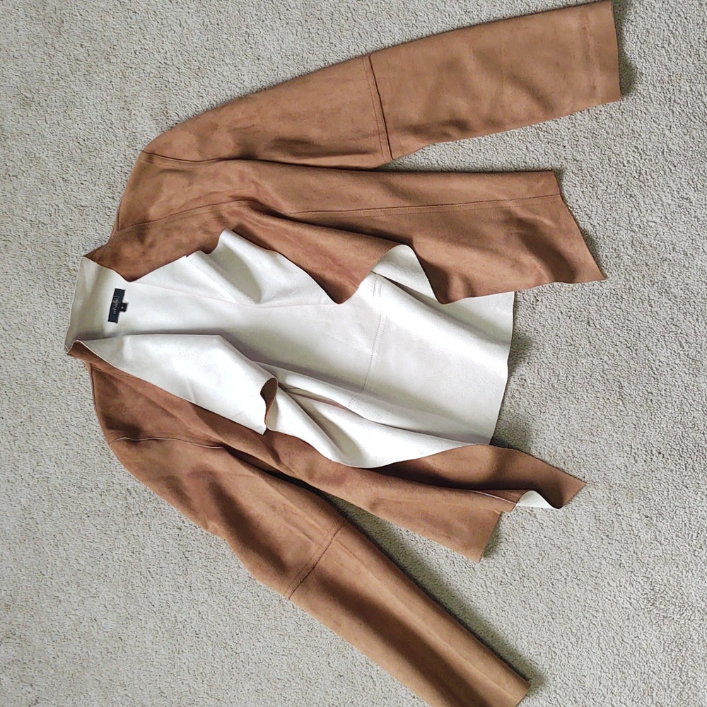 EUC OnTwelfth camel faux suede jacket with waterfall collar